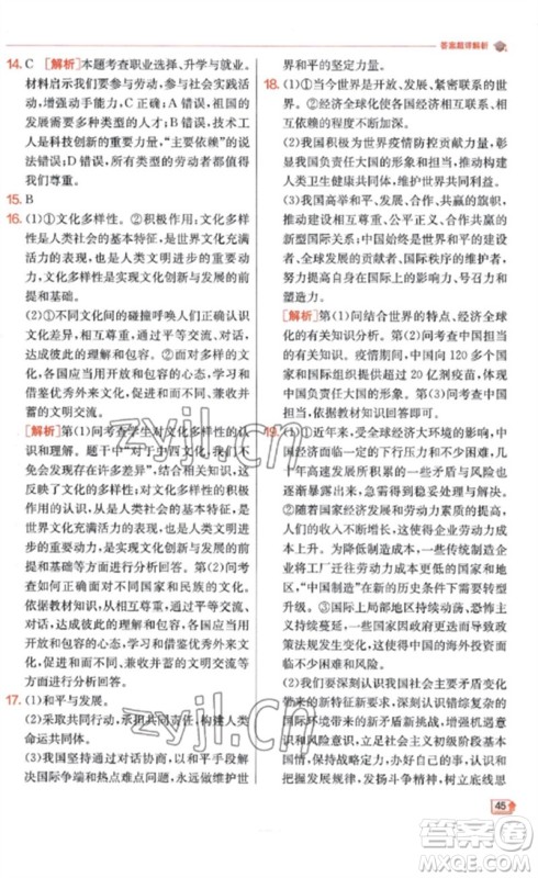 江苏人民出版社2023实验班提优训练九年级道德与法治下册人教版参考答案