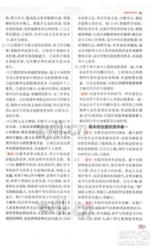 江苏人民出版社2023实验班提优训练九年级道德与法治下册人教版参考答案