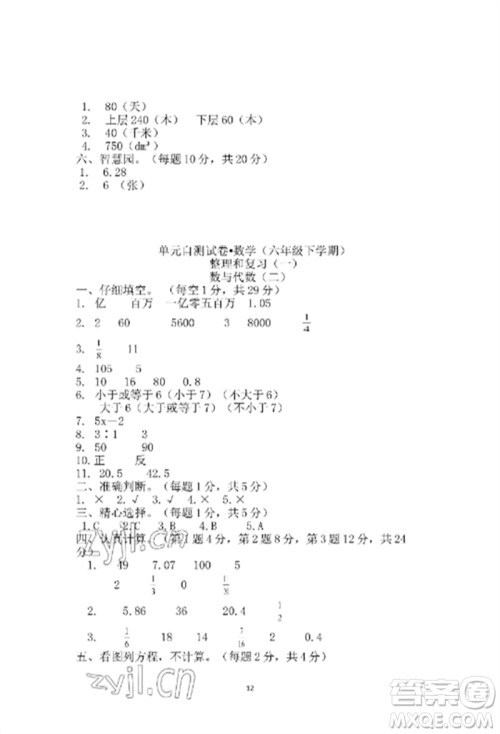 青岛出版社2023单元自测试卷六年级数学下册人教版参考答案