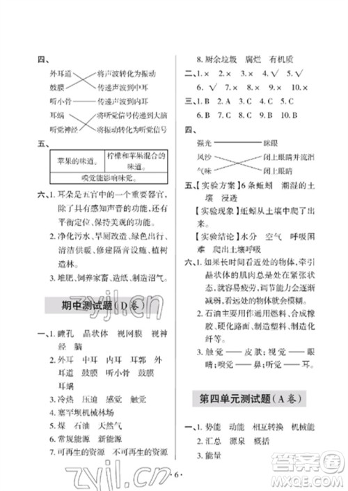 青岛出版社2023单元自测试卷六年级科学下册青岛版参考答案