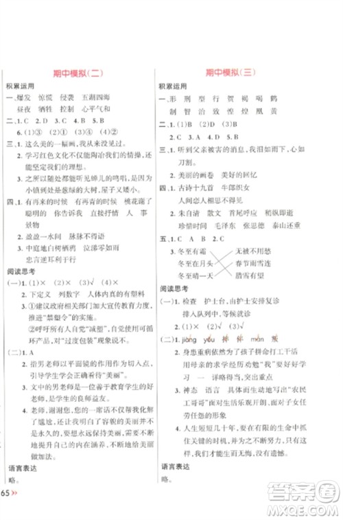 江西教育出版社2023能力形成同步测试卷六年级语文下册人教版参考答案