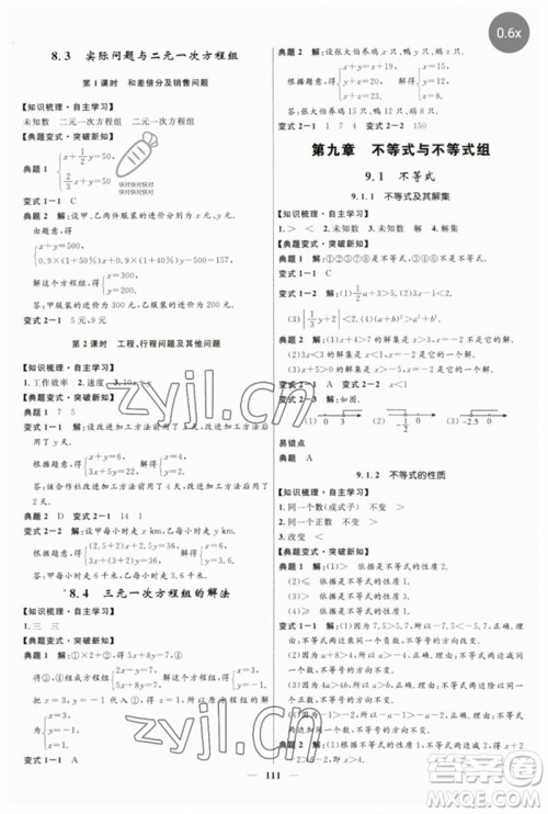 河北少年儿童出版社2023夺冠百分百新导学课时练七年级数学下册人教版参考答案