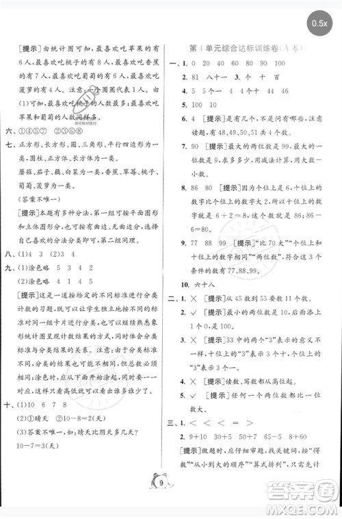 江苏人民出版社2023春单元双测全优测评卷一年级数学下册人教版参考答案