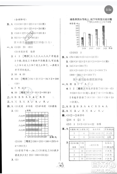 江苏人民出版社2023春单元双测全优测评卷四年级数学下册人教版参考答案