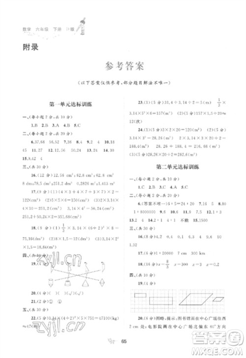 广西师范大学出版社2023新课程学习与测评单元双测六年级数学下册北师大版D版参考答案