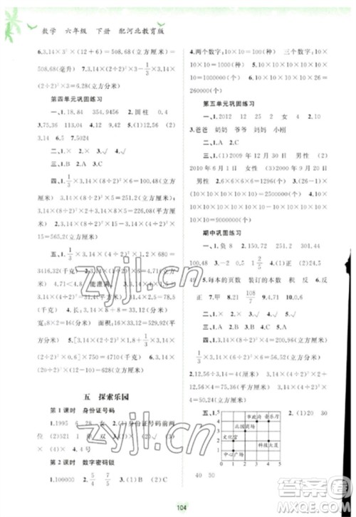 广西师范大学出版社2023新课程学习与测评同步学习六年级数学下册河北教育版参考答案