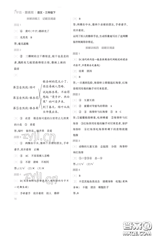 宁夏人民教育出版社2023经纶学典提高班三年级下册语文人教版参考答案