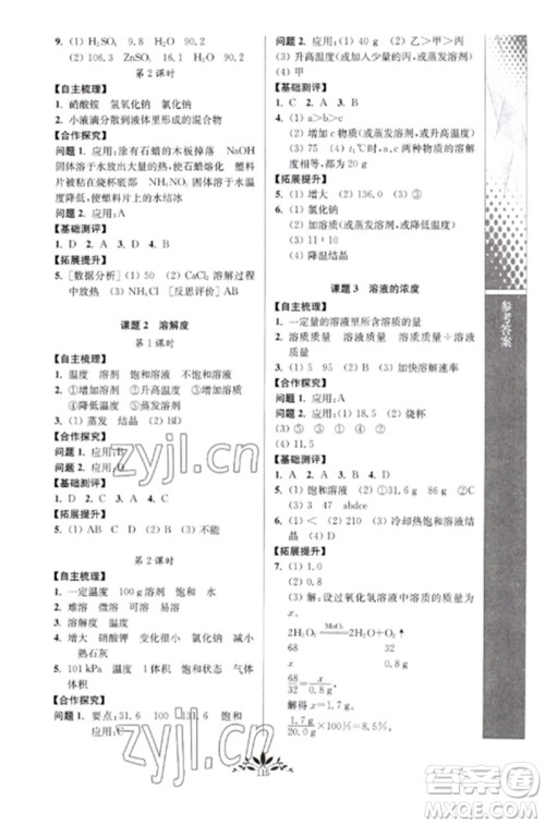 南京师范大学出版社2023新课程自主学习与测评九年级化学下册人教版参考答案