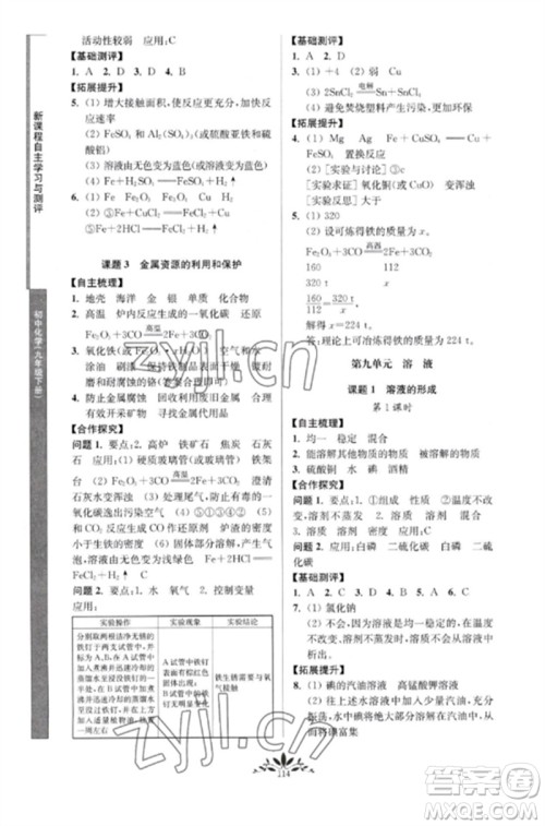 南京师范大学出版社2023新课程自主学习与测评九年级化学下册人教版参考答案