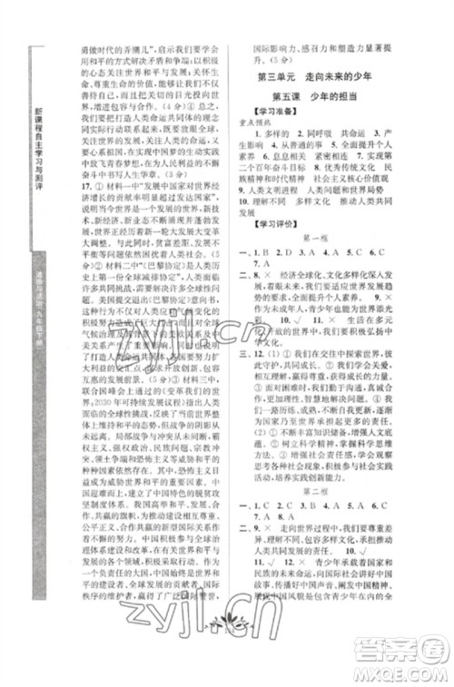 南京师范大学出版社2023新课程自主学习与测评九年级道德与法治下册人教版参考答案