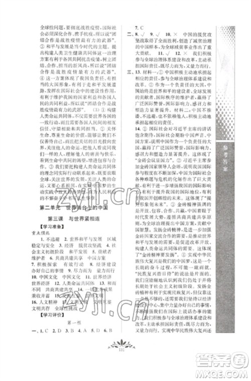 南京师范大学出版社2023新课程自主学习与测评九年级道德与法治下册人教版参考答案