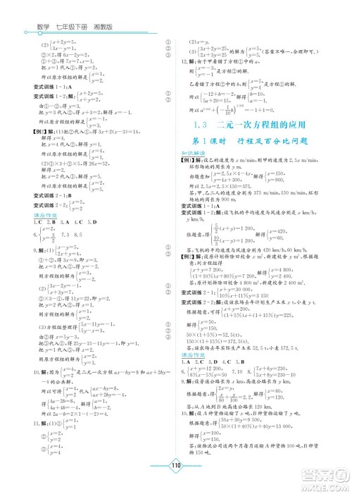 湖南教育出版社2023学法大视野七年级下册数学湘教版参考答案