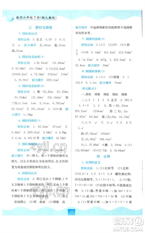 广西教育出版社2023自主学习能力测评六年级数学下册人教版参考答案