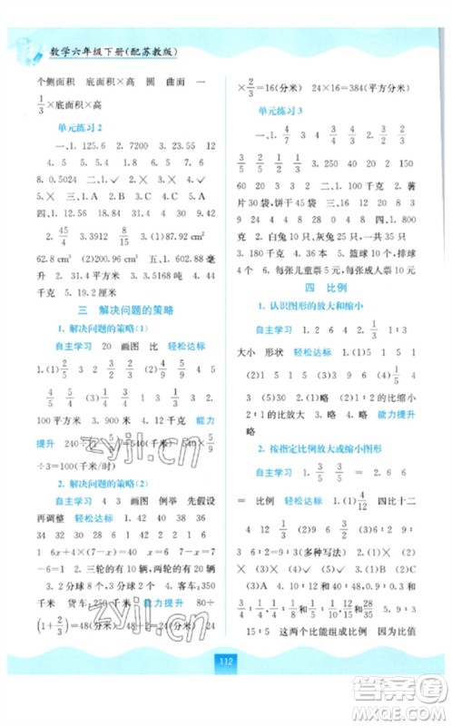 广西教育出版社2023自主学习能力测评六年级数学下册苏教版参考答案