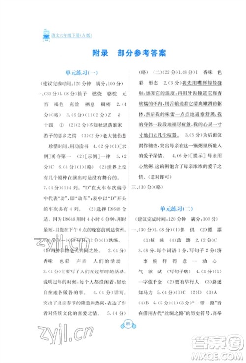 广西教育出版社2023自主学习能力测评单元测试六年级语文下册人教版A版参考答案 广西教育出版社2023自主学习能力测评单元测试六年级语文下册人教版A版参考答案