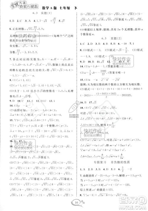 华东师范大学出版社2023全优方案夯实与提高七年级下册数学人教版A版参考答案