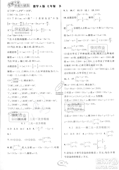 华东师范大学出版社2023全优方案夯实与提高七年级下册数学人教版A版参考答案