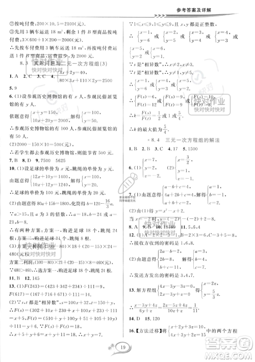 华东师范大学出版社2023全优方案夯实与提高七年级下册数学人教版A版参考答案