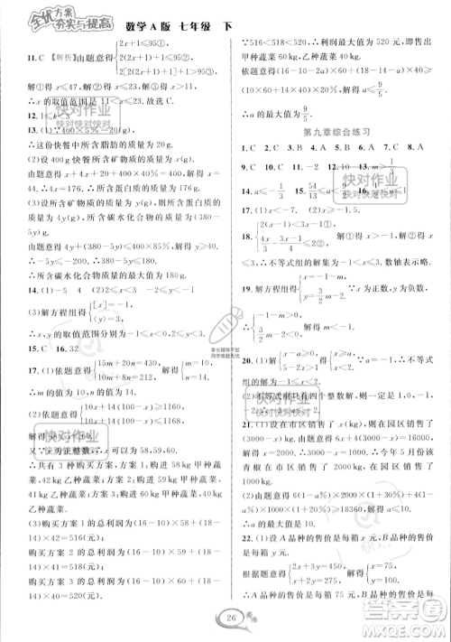 华东师范大学出版社2023全优方案夯实与提高七年级下册数学人教版A版参考答案