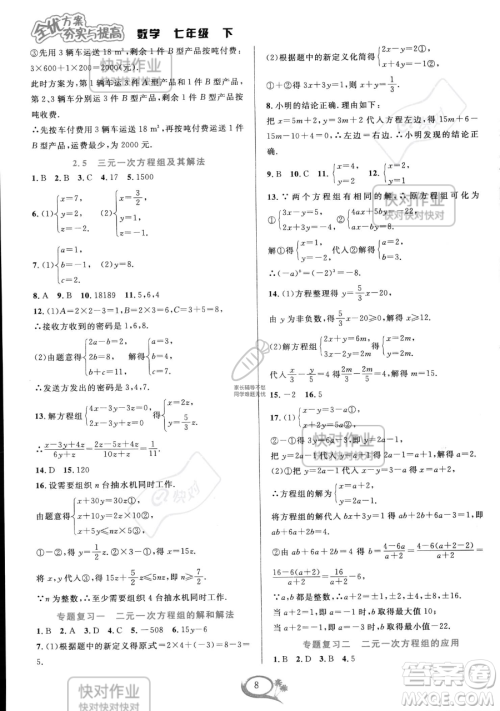 华东师范大学出版社2023全优方案夯实与提高七年级下册数学浙教版参考答案