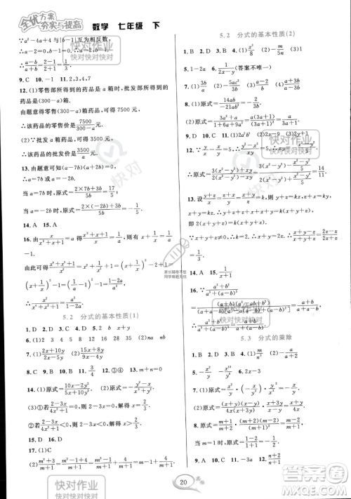 华东师范大学出版社2023全优方案夯实与提高七年级下册数学浙教版参考答案