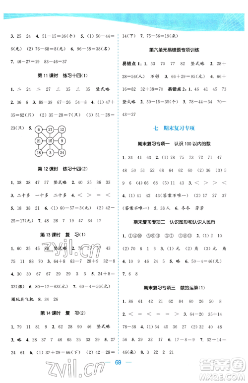 北方妇女儿童出版社2023金色课堂课时作业本一年级下册数学江苏版参考答案