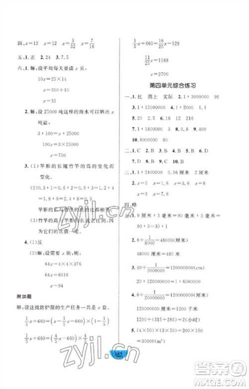 沈阳出版社2023黄冈名师天天练六年级数学下册青岛版参考答案
