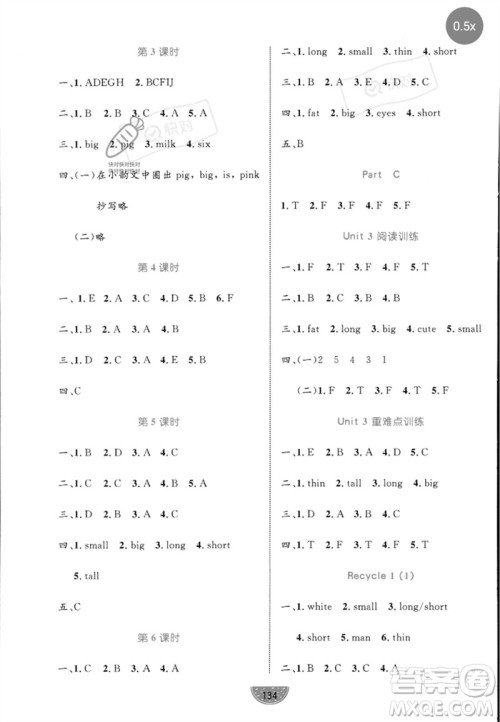 沈阳出版社2023黄冈名师天天练三年级英语下册人教PEP版参考答案