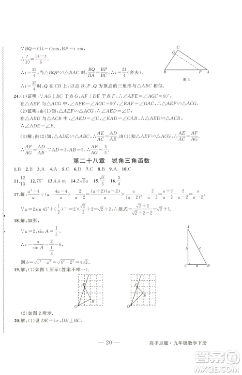 延边大学出版社2023高手点题九年级下册数学人教版参考答案 延边大学出版社2023高手点题九年级下册数学人教版参考答案