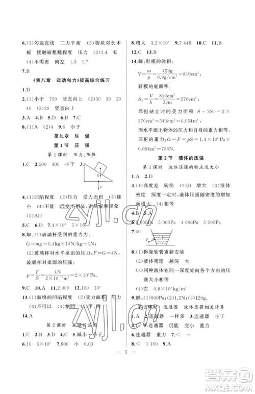 延边大学出版社2023高手点题八年级下册物理人教版参考答案