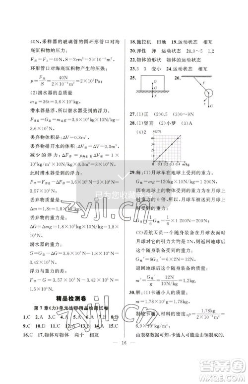 延边大学出版社2023高手点题八年级下册物理人教版参考答案