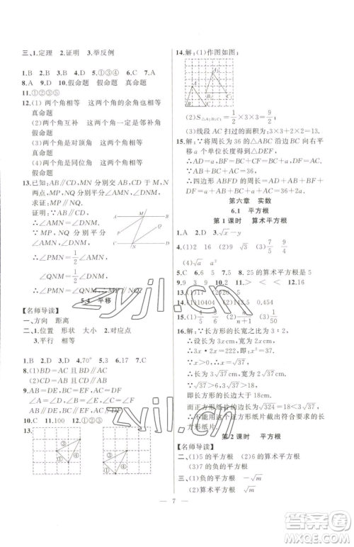 延边大学出版社2023高手点题七年级下册数学人教版参考答案