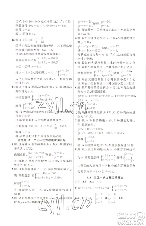 延边大学出版社2023高手点题七年级下册数学人教版参考答案