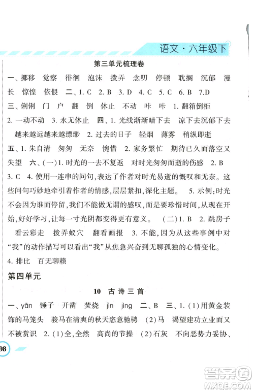 宁夏人民教育出版社2023经纶学典课时作业六年级下册语文人教版参考答案