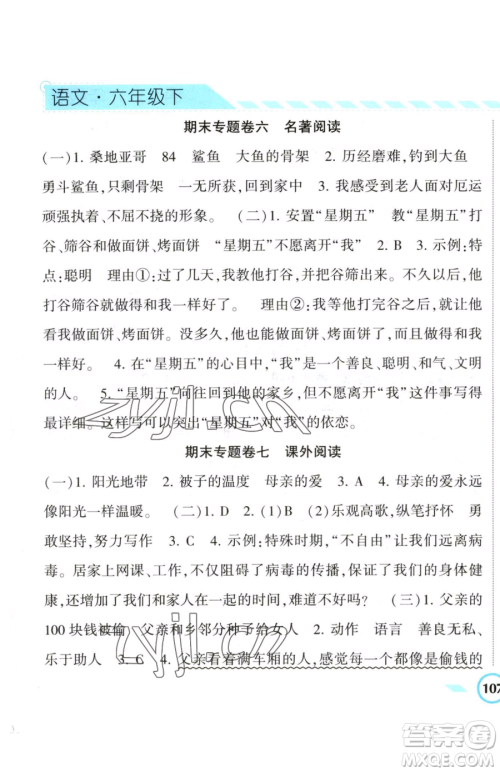 宁夏人民教育出版社2023经纶学典课时作业六年级下册语文人教版参考答案