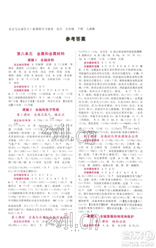 广西师范大学出版社2023新课程学习辅导九年级化学下册人教版参考答案 广西师范大学出版社2023新课程学习辅导九年级化学下册人教版参考答案