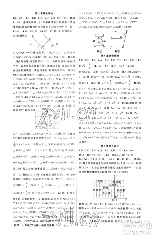 新疆青少年出版社2023黄冈金牌之路练闯考七年级下册数学人教版参考答案