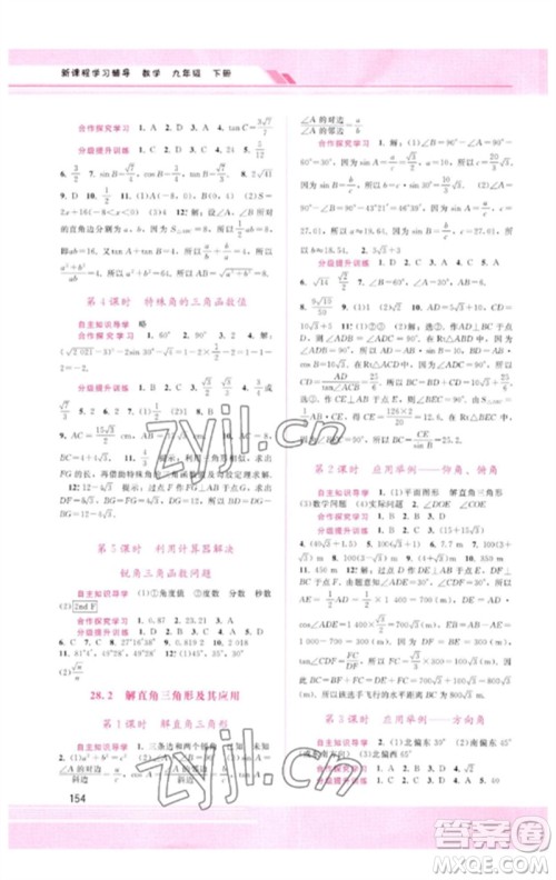 广西师范大学出版社2023新课程学习辅导九年级数学下册人教版参考答案