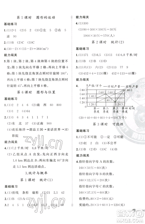 新疆青少年出版社2023黄冈金牌之路练闯考六年级下册数学人教版参考答案