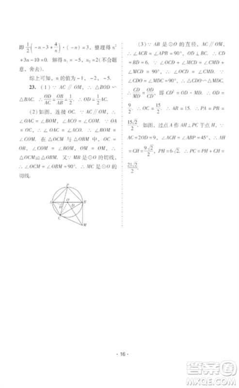 广西师范大学出版社2023新课程学习辅导九年级数学下册人教版中山专版参考答案