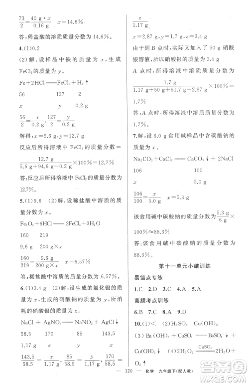 新疆青少年出版社2023黄冈金牌之路练闯考九年级下册化学人教版参考答案