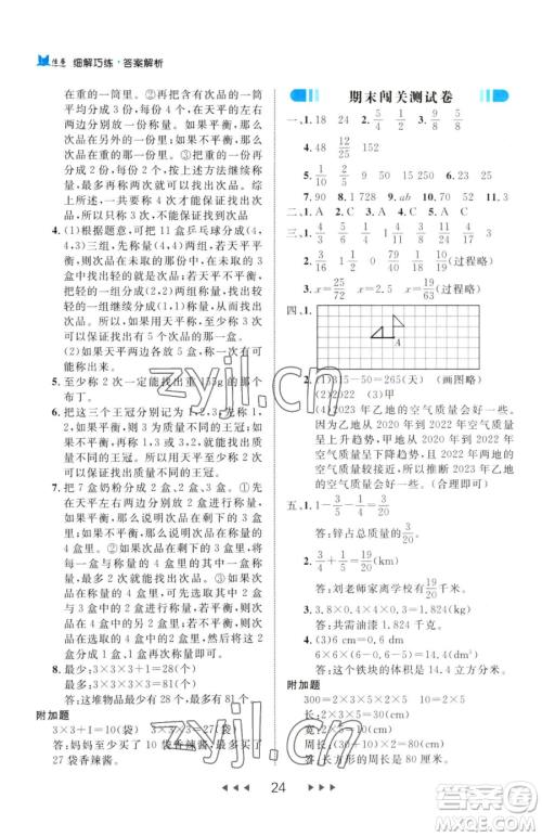 延边大学出版社2023细解巧练五年级下册数学人教版参考答案