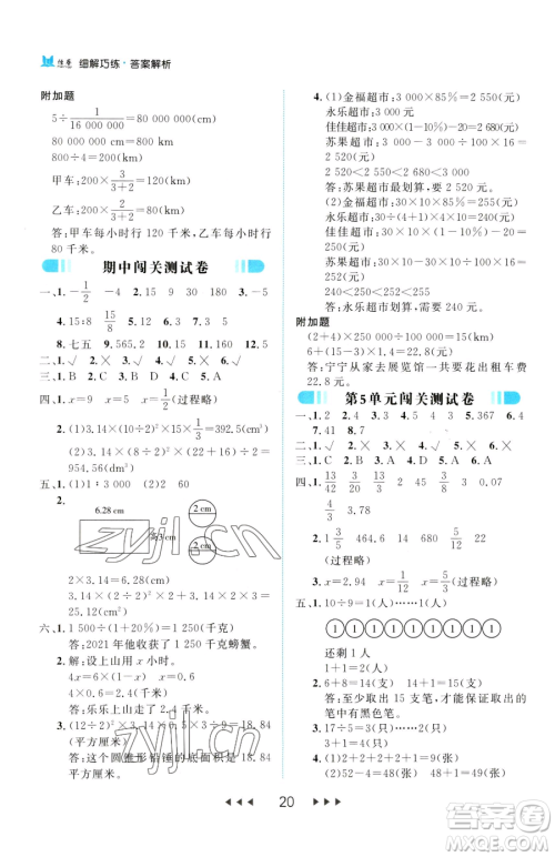 延边大学出版社2023细解巧练六年级下册数学人教版参考答案