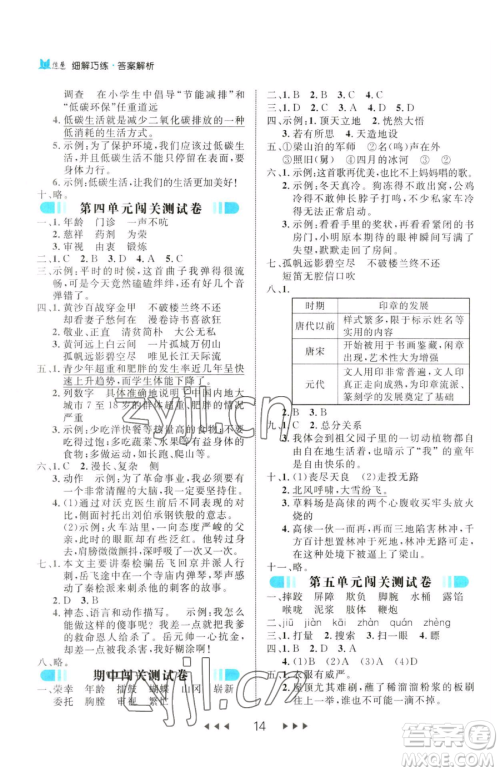 延边大学出版社2023细解巧练五年级下册语文人教版参考答案