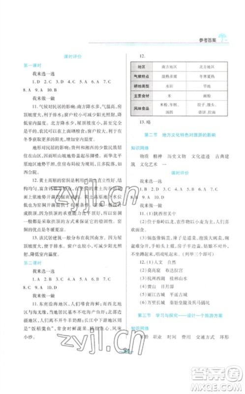 陕西人民教育出版社2023新课程学习与评价七年级地理下册中图版参考答案