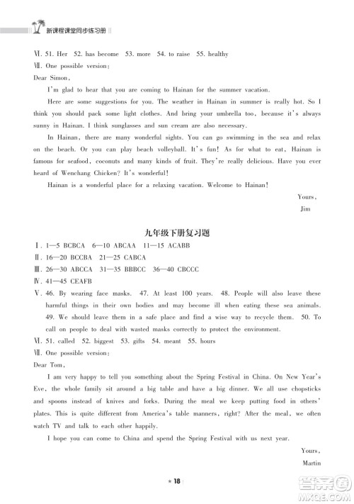海南出版社2023新课程课堂同步练习册九年级下册英语人教版参考答案