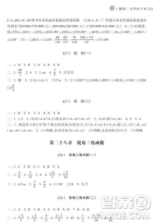 海南出版社2023新课程课堂同步练习册九年级下册数学人教版参考答案