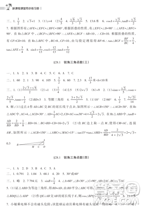 海南出版社2023新课程课堂同步练习册九年级下册数学人教版参考答案