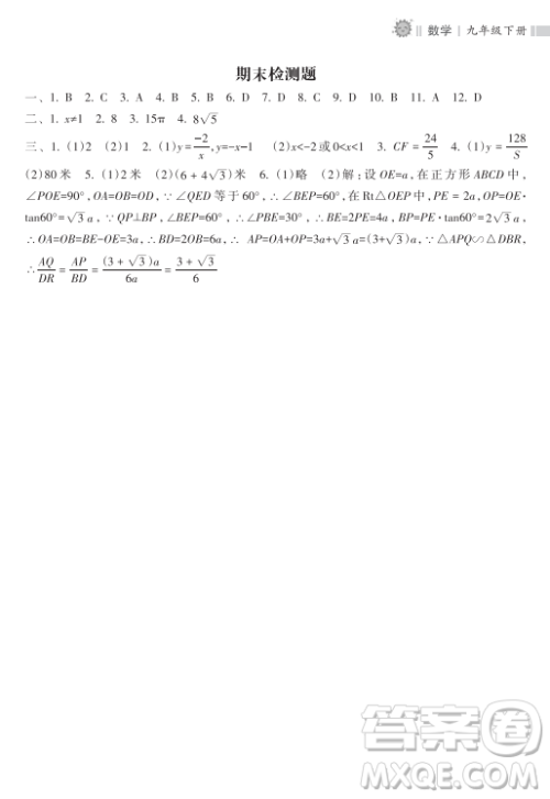 海南出版社2023新课程课堂同步练习册九年级下册数学人教版参考答案