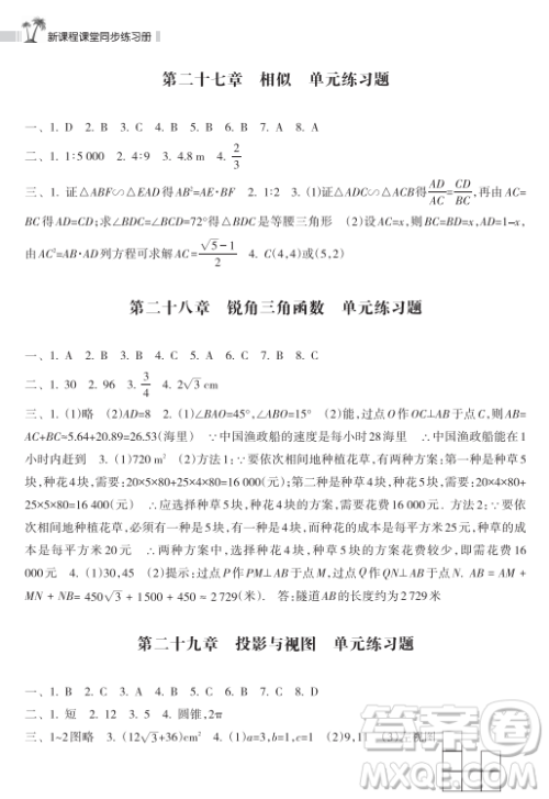 海南出版社2023新课程课堂同步练习册九年级下册数学人教版参考答案